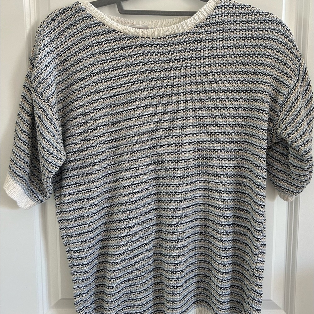 Crewneck Short-Sleeve Striped Knit Sweater - Blue and Cream